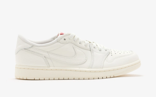 Air Jordan 1 Low OG in a "Sail/University Red/Sail" color scheme.
