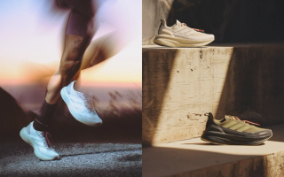 Model wearing the Hermanos Koumori x adidas Running collaboration, which includes the Adizero Evo SL and UltraBOOST 5.