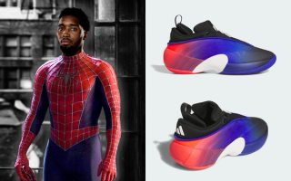Mock-up of Donovan Mitchell wearing a Spider-Man outfit next to images of his Adidas D.O.N. Issue #7 in a similar color palette.