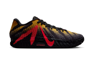 Jurassic Park x Nike Ja 3 basketball shoe in a "Anthracite/Yellow Ochre/Bright Crimson" color scheme.