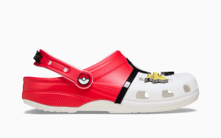 Pokémon x Crocs Classic Clog "Poké Ball" collaboration in a white-and-red color scheme.