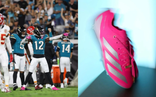 Travis Hunter wearing custom Adidas Adizero Electric+ cleats in pink against the Kansas City Chiefs.