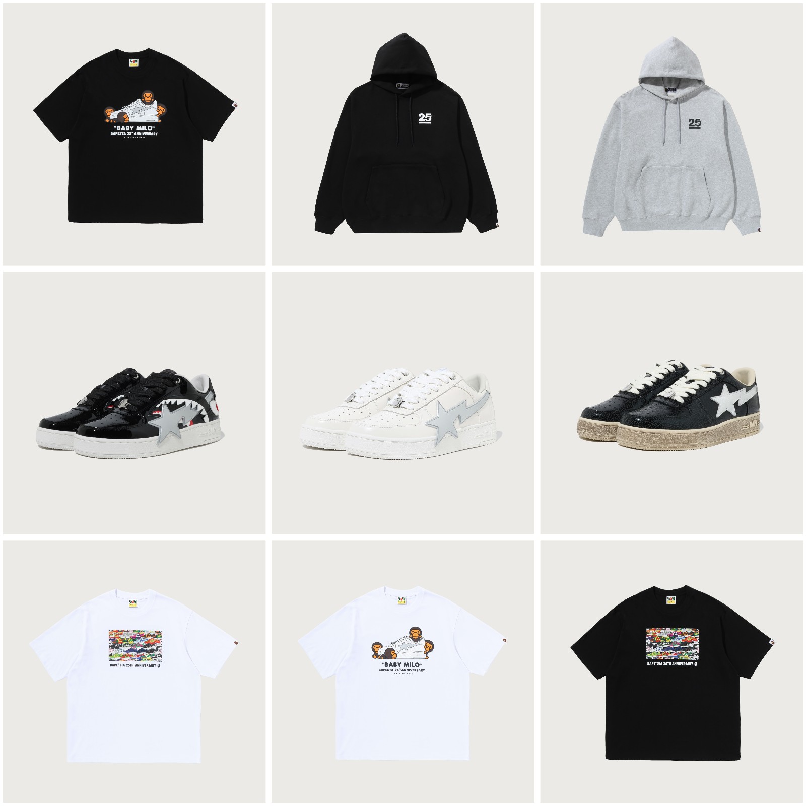 A BATHING APE BAPE STA 25th Anniversary Collection lineup: three BAPE STA pairs plus anniversary tees and hoodies — official photo via House of Heat