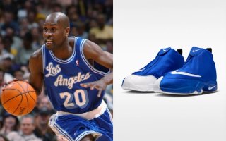 Gary Payton wearing a blue Los Angeles Lakers jersey that matches the "Royal" Nike Air Zoom Flight '98 The Glove 2026 Retro.