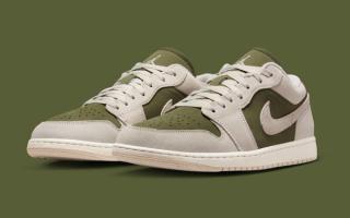Air Jordan 1 Low in a "Medium Olive/Sail/Light Orewood Brown" color scheme.