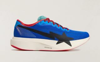 BAPE® x adidas Adizero Evo SL running shoe with mismatched blue and pink camo detailing.