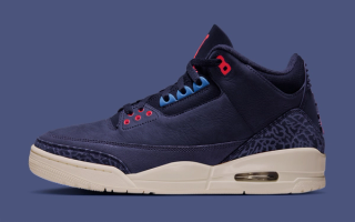 Air Jordan 3 "Sports Renaissance" retro clad in a "Obsidian/Track Red/Blue Beyond/Chalk" color scheme.