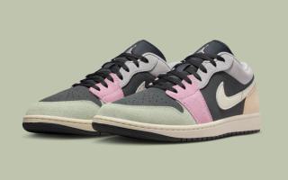 Air Jordan 1 Low in a "Anthracite/Muslin/Iris Whisper/Sail" color scheme.