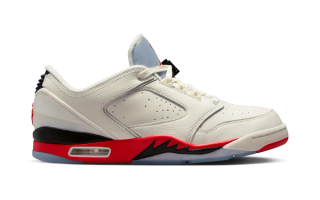 Jordan Sixty Plus Low in a "Sail/Black/Reflect Silver/Fire Red" color scheme.