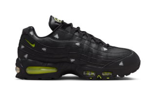 Nike Air Max 95 Premium "Houseflies" sneaker in a "Black/Black/Metallic Dark Grey/Neon Yellow" color scheme.