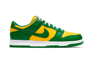 Nike Dunk Low "Brazil" in a "Varsity Maize/Pine Green/White" color scheme.