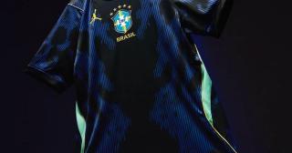 Floating Brazil 2026 World Cup™ Away kit by Jordan Brand, featuring a black-and-blue abstract pattern inspired by the poison dart frog—complete with yellow Jumpman logo on the right chest.
