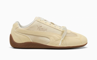 Women's PUMA Speedcat Etoile ballet-inspired shoe in a "Buttercream/Gum" color scheme.