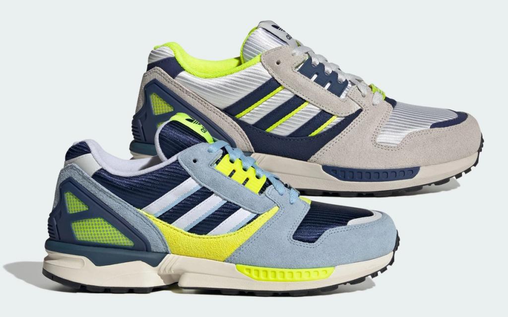 Adidas ZX 8000 sneaker in Navy upper with Solar Yellow midsole accents, shown from lateral and top-down angles.
