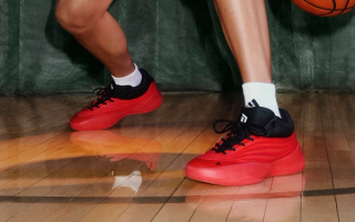 Damian Lillard's Adidas Dame X in a "Dolla Red" color scheme.