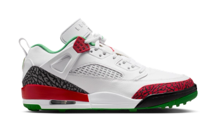 Jordan Spizike Low Golf in a retro "White/Classic Green/Cool Grey/Varsity Red" color scheme.