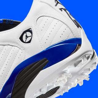 Heel close-up of the Air Jordan 14 Golf shoe in a "White/Hyper Royal/Black" color scheme.