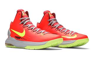 Nike KD 5 "DMV" basketball shoe in a "Bright Crimson/Volt/Wolf Grey" color scheme, originally released in December 2012 & inspired by the bright red mambo sauce popular in Washington, D.C. & the greater DMV.