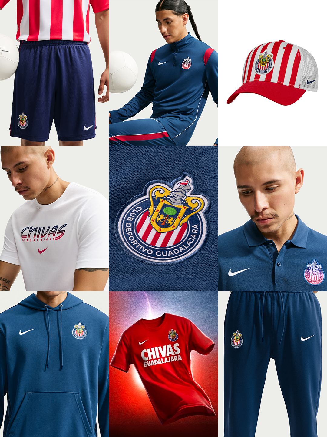 Eight different fan gear & training items by Nike for Chivas de Guadalajara (Club Deportivo Guadalajara) from Mexico's Liga MX league in time for the 2026 Apertura tournament.