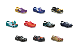 10 different NFL x Crocs Classic Clog pairs inspired by the Philadelphia Eagles, Kansas City Chiefs, and other teams.