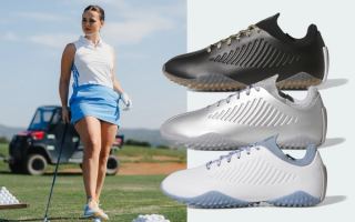 Women's adidas Ballerina Spikeless Golf Shoes in three colorways: "Black/Gum," "Silver Metallic" & "White/Silver Blue."