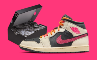 Air Jordan 1 Mid "Flight Club" retro clad in a "Pale Ivory/Negre/Muslin/Racer Pink" color scheme.