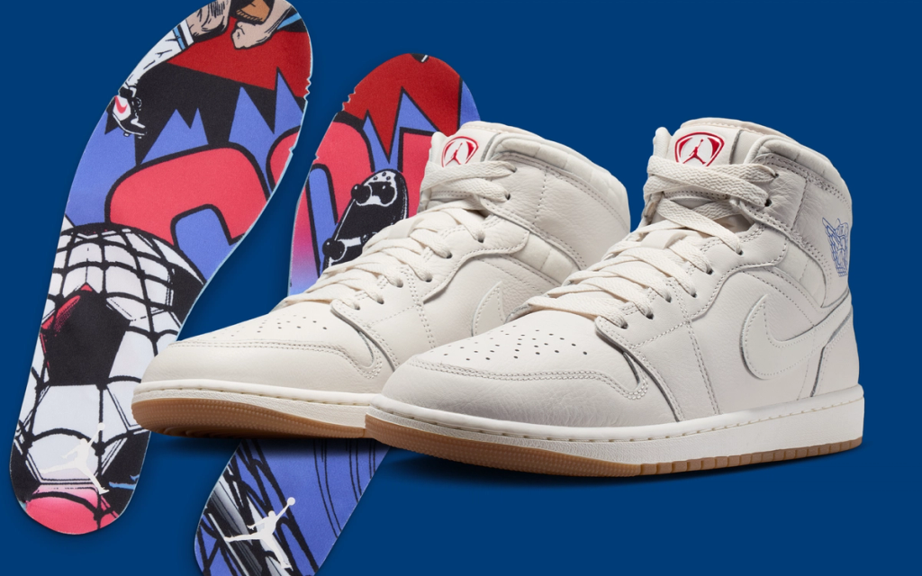 Jordan Air Jordan 1 Mid in Off-White colorway, inspired by Nike football heritage design elements