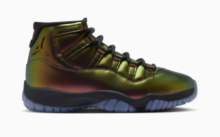 Women's Space Jam-inspired Air Jordan 11 retro in an iridescent "Light British Tan/Off Noir/Metallic Silver" color scheme. Photo via Foot Locker.