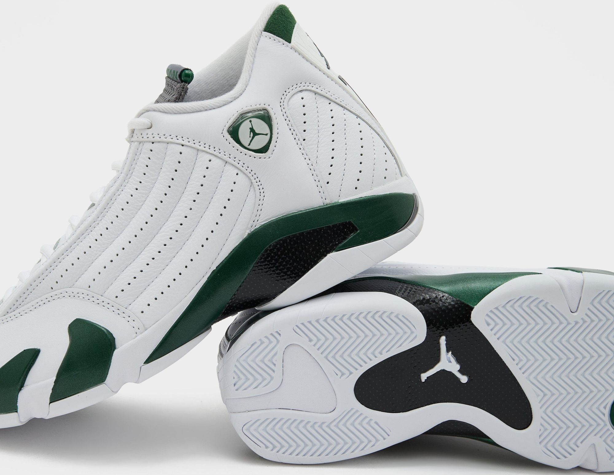 Air Jordan 14 "Forest Green" retro landing Fall 2026, covered in a "White/Black/Dark Forest/Light Graphite" color scheme. Photo via size?