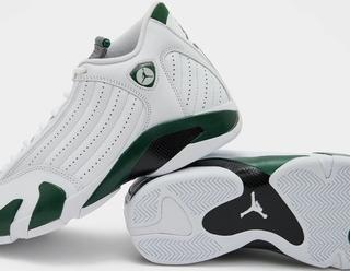 Air Jordan 14 "Forest Green" retro landing Fall 2026, covered in a "White/Black/Dark Forest/Light Graphite" color scheme. Photo via size?