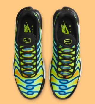 Top-down view of Nike's Air Max Plus in a "Black/Sundial/Neon Yellow" makeover nicknamed "Heatmap."