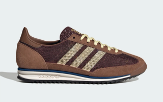 Women's adidas SL 72 Rhinestone sneaker in a "Preloved Brown/Almost Yellow/Maroon" color scheme.