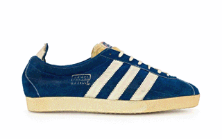 Alternating photos of the original adidas Gazelle in blue and white colors from 1966.