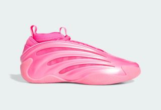 James Harden's Adidas Harden Vol. 9 in a "Beam Pink" color scheme.