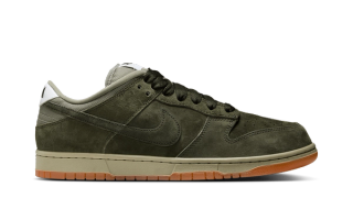Nike SB Dunk Low Pro B in a "Sequoia/Oil Green" color scheme.