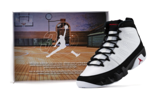 Air Jordan 9 retro in a "White/True Red/Black" color scheme (Space Jam).