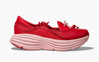 Red-colored Hoka Bondi Mary Jane sneaker.