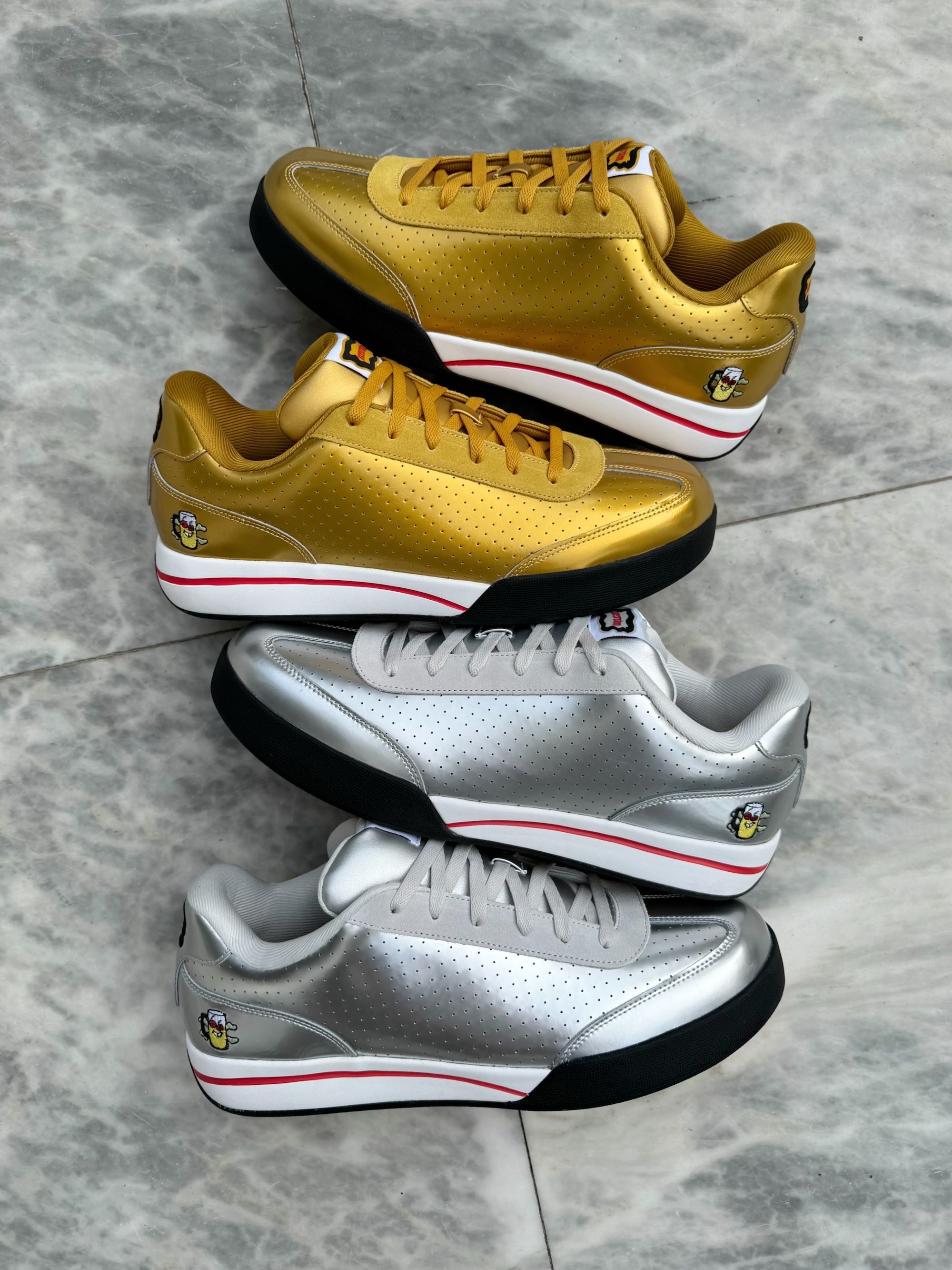 Gold & silver beer-inspired ICECREAM x Reebok Board Flip colorways, limited to just 525 pairs. Photo via @sneakerdenn on Instagram.