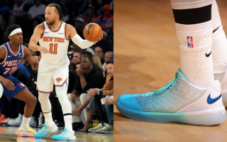 Jalen Brunson wearing an icy blue Nike Kobe 3 Low Protro P.E. against the Philadelphia 76ers in Game 1 of the 2026 NBA Eastern Conference Semi-Finals.