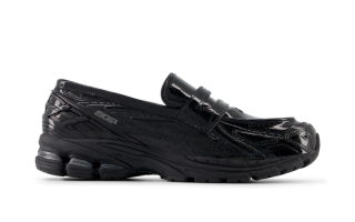 New Balance 1906L sneaker loafer in black faux crocodile skin uppers.
