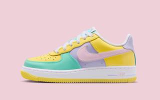 Easter-inspired Nike Air Force 1 Low in a "Yellow Pulse/Hydrangeas/Emerald Rise/Pink Foam" color scheme.
