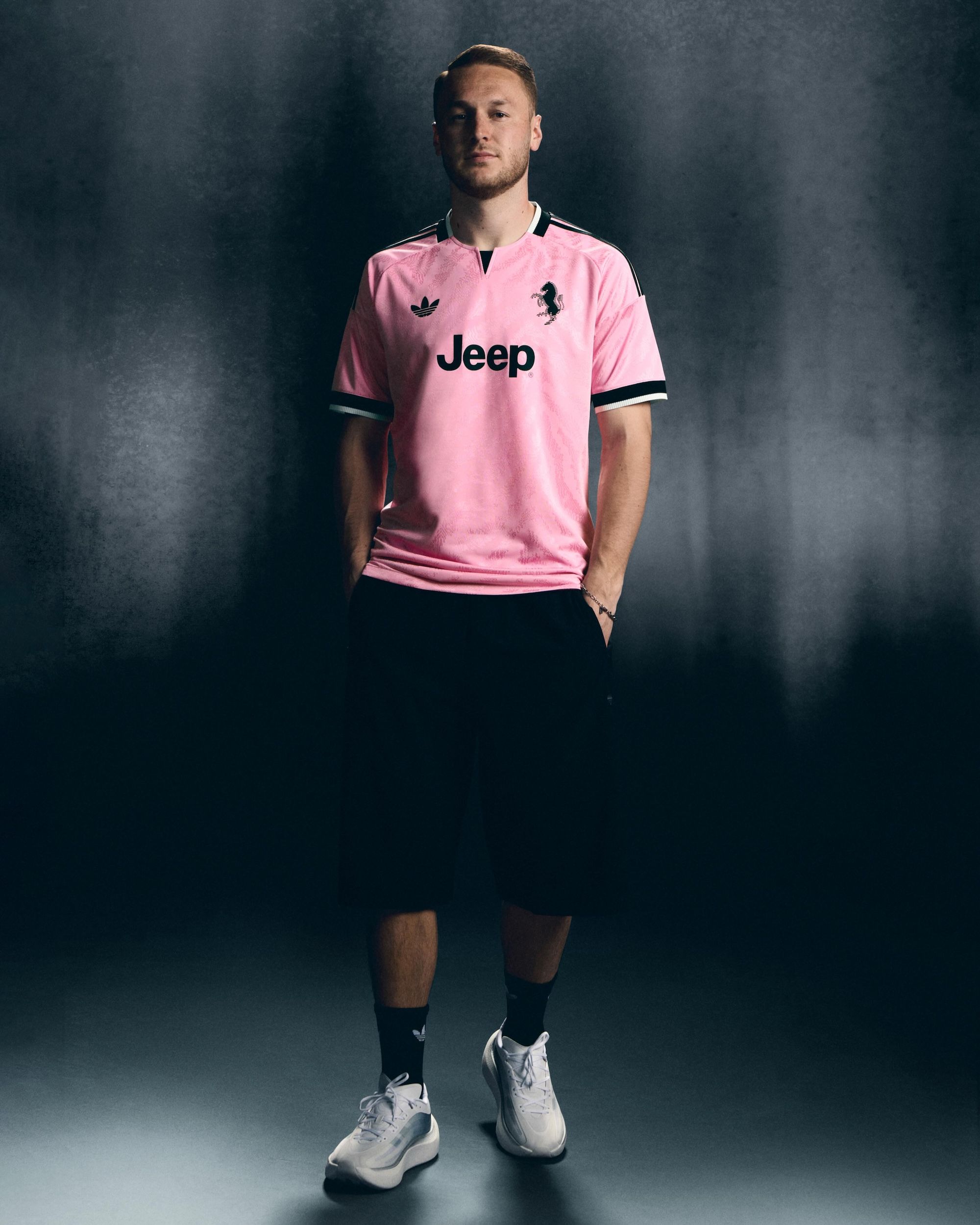 Juventus 26/27 Away Jersey in a "True Pink" color. Photo via adidas.