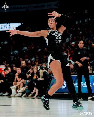 A'ja Wilson of the Las Vegas Aces wearing a Danny Phantom-inspired Nike A'Two basketball shoe.