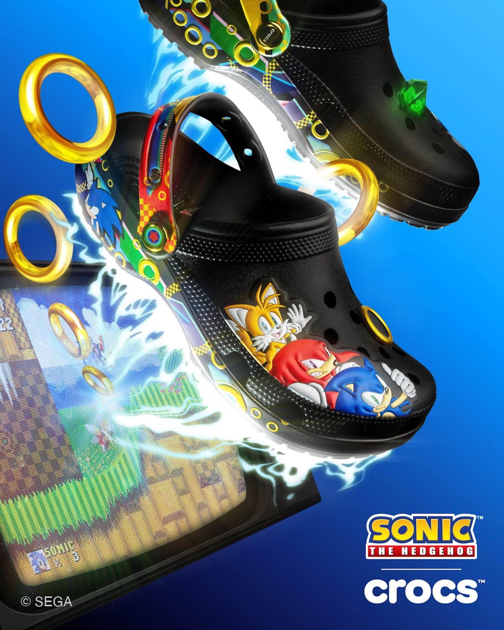 Sonic the Hedgehog x Crocs Classic Clog "35th Anniversary" promo material.