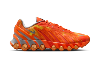 Palace Skateboard's Nike Air Max Dn8 collaboration in a "Safety Orange/Black/Particle Grey" color scheme.