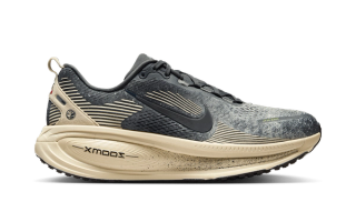 Nike Vomero 18 in a "Oatmeal/Volt/Black/Anthracite" color scheme.