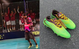 Travis Scott wearing his unreleased Nike Football indoor shoe collaboration in Miami.