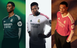 Kylian Mbappé, Jude Bellingham & Trent Alexander-Arnold in promo visuals for Real Madrid's 2026/27 Home, Away & Third adidas jerseys.