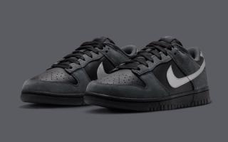 Nike Dunk Low covered in a "Black/Anthracite/Metallic Dark Grey" color scheme.