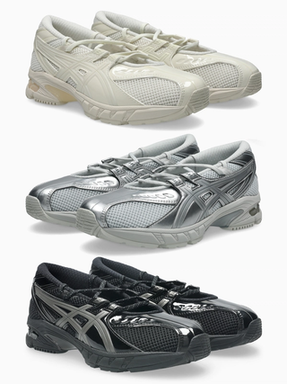 Three pairs of the ASICS GEL-DS TRAINER® SP ballet flat-inspired sneaker in "Cream/Vanilla," "Glacier Grey/Pure Silver" & "Black/Gunmetal" color schemes.